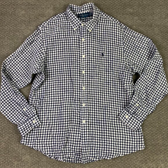 Vintage Ralph Lauren Linen Shirt Men's XL Blue White Gingham Check Button Down - Picture 1 of 11
